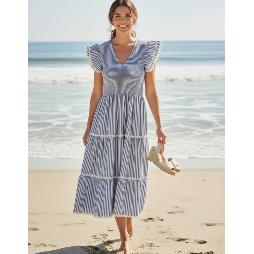 STS Sail to Sable Dress XL Smocked Cotton Ric Rac Tiered Cottagecore Midi EUC